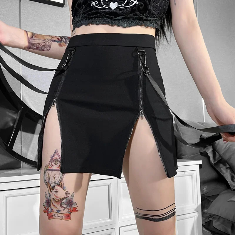 Y2k Skirt Dark Double Zipper Bag Hip Split Gothic n Tight Harajuku Black Kawaii Vintage 260610