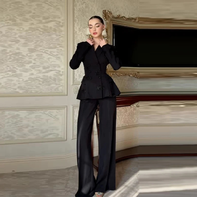 Womens Wide Shoulder Narrow Waist Jacket Set Beaded Double Breasted Peplum Jacket High Waisted Wide Leg Pants Casual Suit 260610
