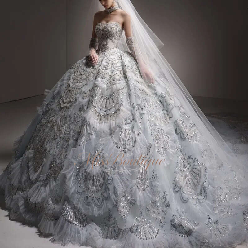 Luxury White Dubai Arabic Mermaid Dresses Applique Lace Beading Crystal A Line Court Train Wedding Dress Bridal Gowns Vestidos De Q612