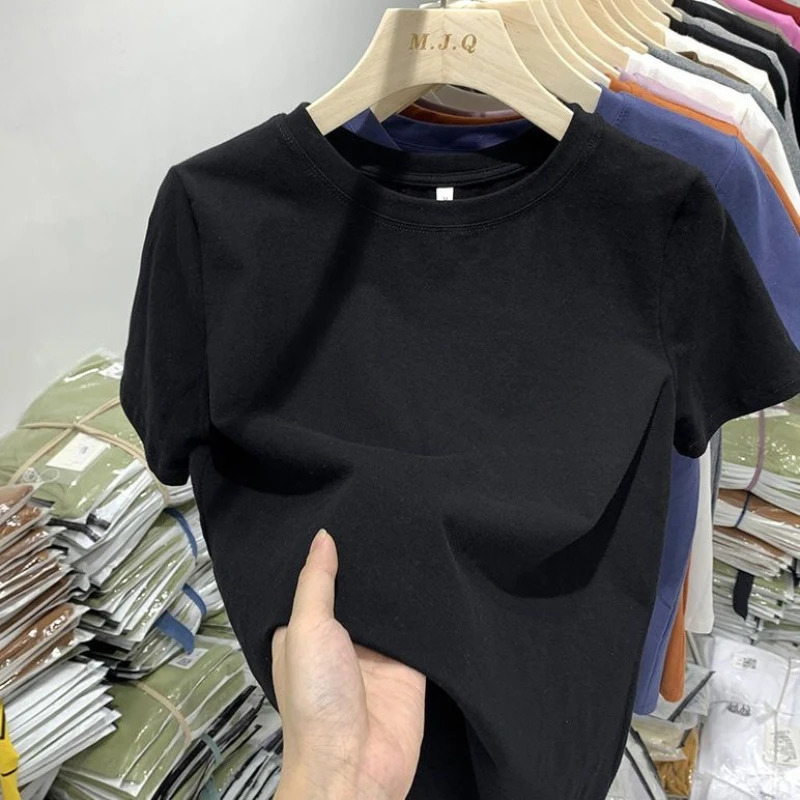 Cotton Black Shortsleeved Tshirt Womens Korean Version Loose Highquality Crew Neck Summer Streetwear 260612