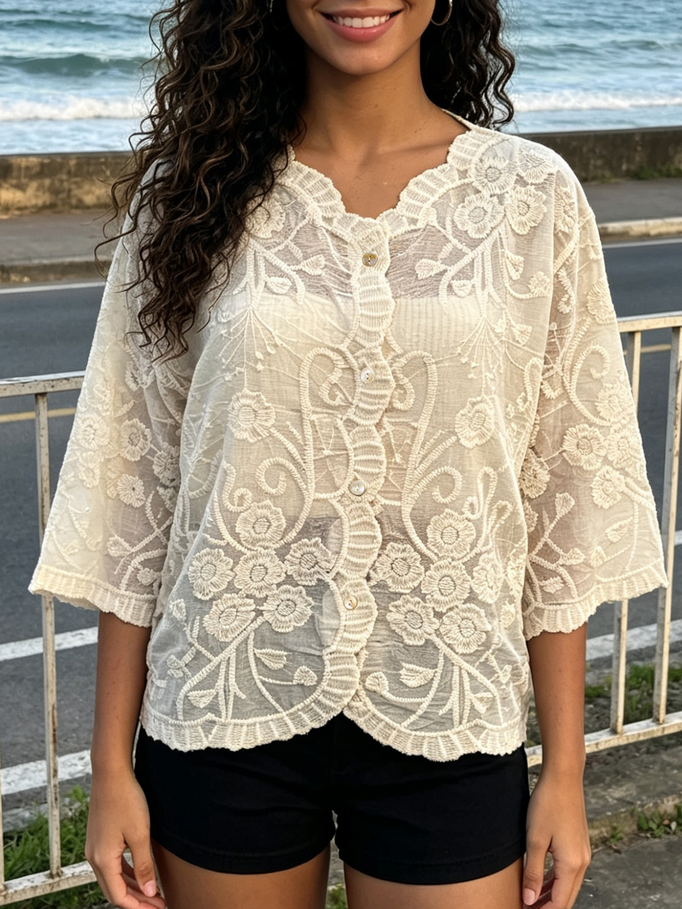 Vintage Crochet Lace Blouse Scalloped V Neck 3/4 Sleeve Bohemian Shirt for Women Beach Cover Up