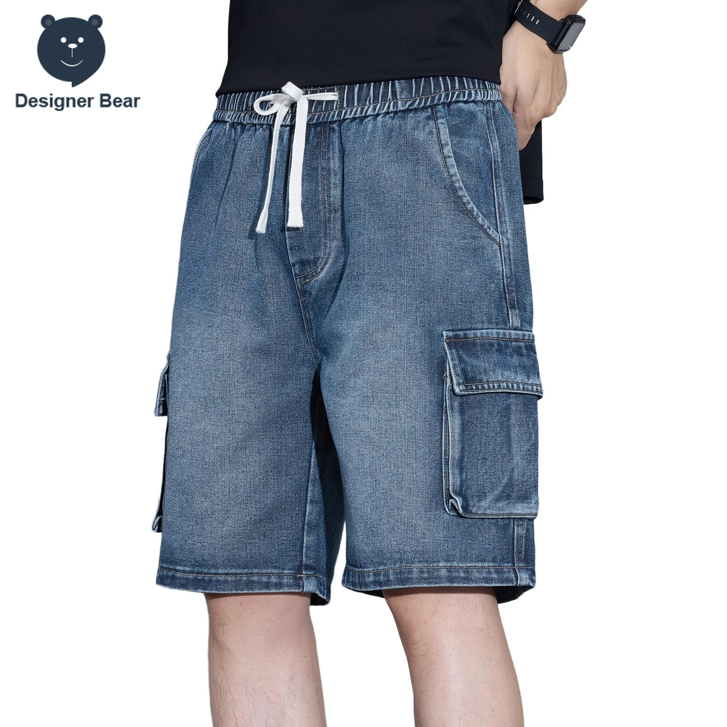 Mens MultiPocket Cargo Denim Shorts Summer Casual Loose Fit Elastic Waist Drawstring Jean Streetwear Fashion 260609BANJIA