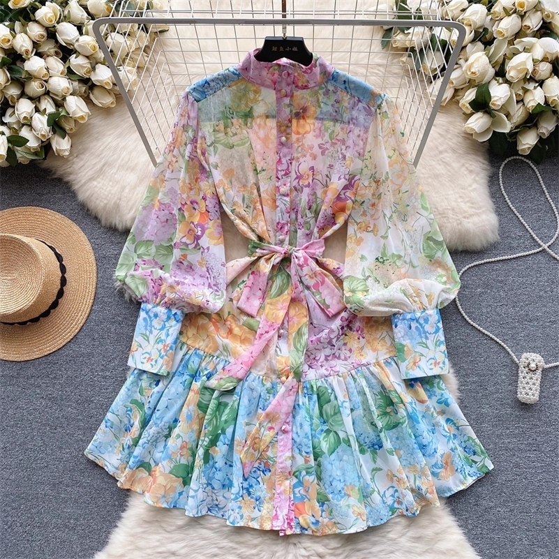 Summer Holiday Beach Short Dress Womens Stand Long Lantern Sleeve Floral Print Sashes Lace Up Chiffon Loose Vestidos 6362 260611