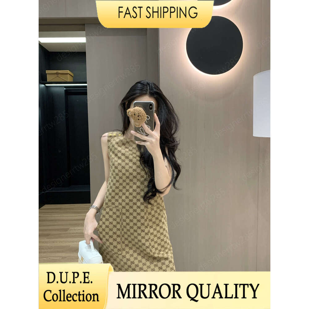 Designer Monogram Sleeveless Dress Women Beige GG Pattern A-Line Mini Skirt Luxury Brand Style Gold Button Vestido Robe Femme Summer-image-1110307904