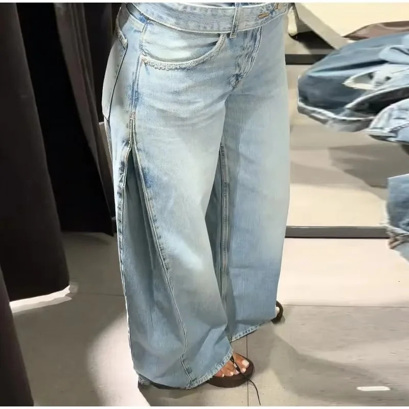 Y2K Trend Womens Blue Wide Leg Jeans 2026 Summer Loose Casual High Waist Denim Trousers with Belt 260612