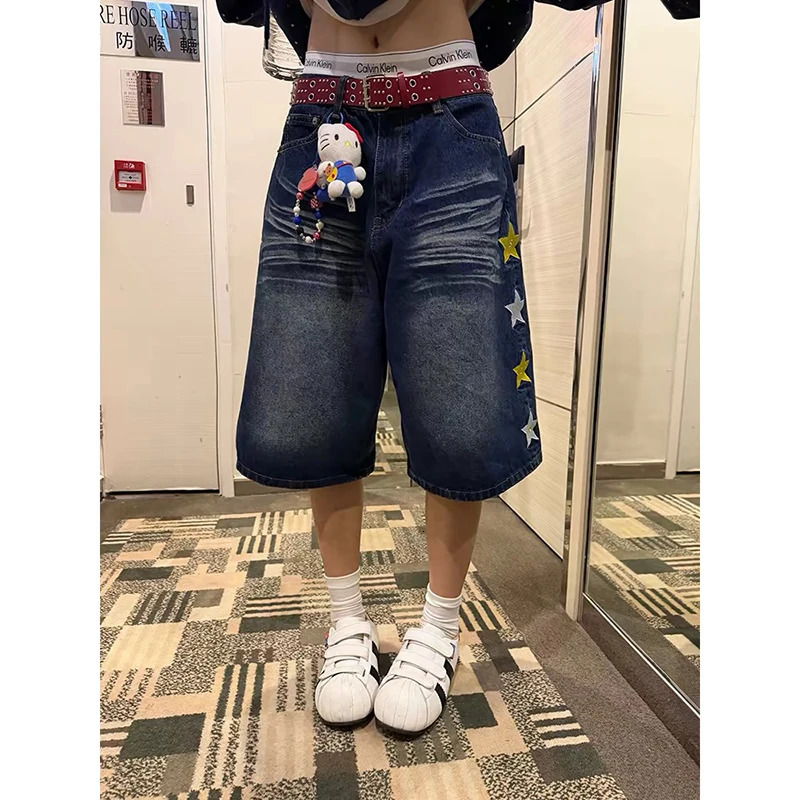 YIBASHU 2026 Summer Women American Retro Jorts Punk Denim Shorts Y2K 2000s Japanese Harajuku Blue Star Cargo Jeans Pants 260611