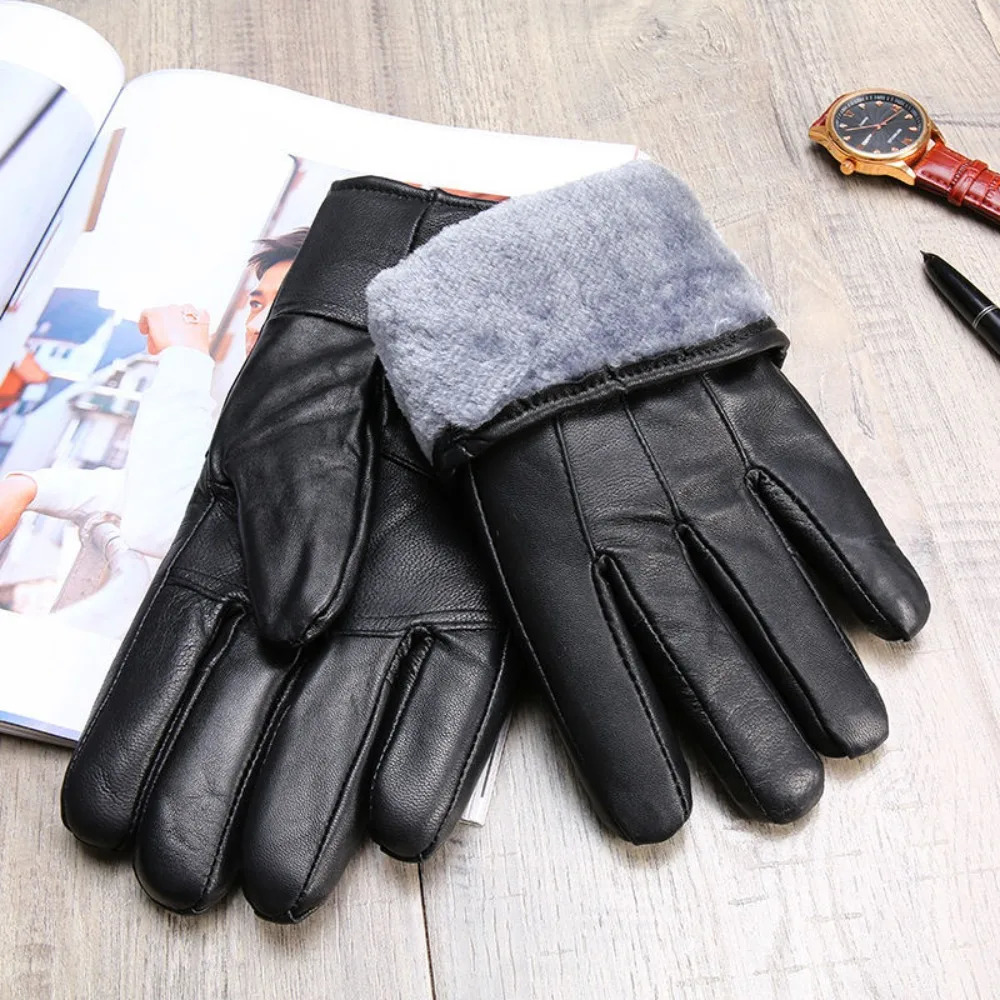 Genuine Leather Gloves Men/Women Fleece-Lined Warm Thin/Thick Cotton For Motorcycle Riding Autumn/Winter Drop- 260611