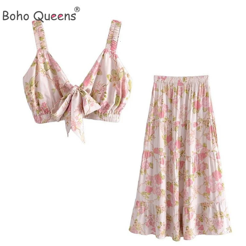 Boho Queens Women Two Piece Suit Outfits Strap Sleeveless Tops Bohemian Drawstring Maxi Skirts 2 Pieces Rayon Cotton Sets 260611