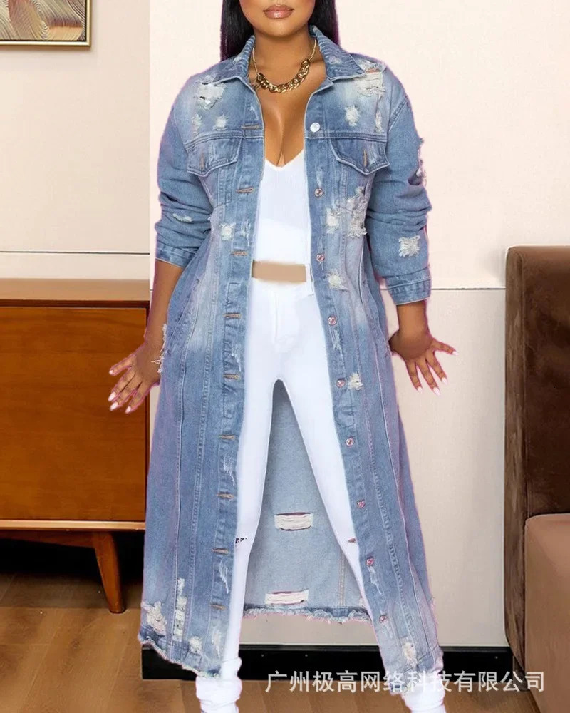 Ripped Raw Hem Button Front Longline Denim Coat Women Cardigan Breasted Holes Jackets Pockets High Street Outerwear Autumn 260609