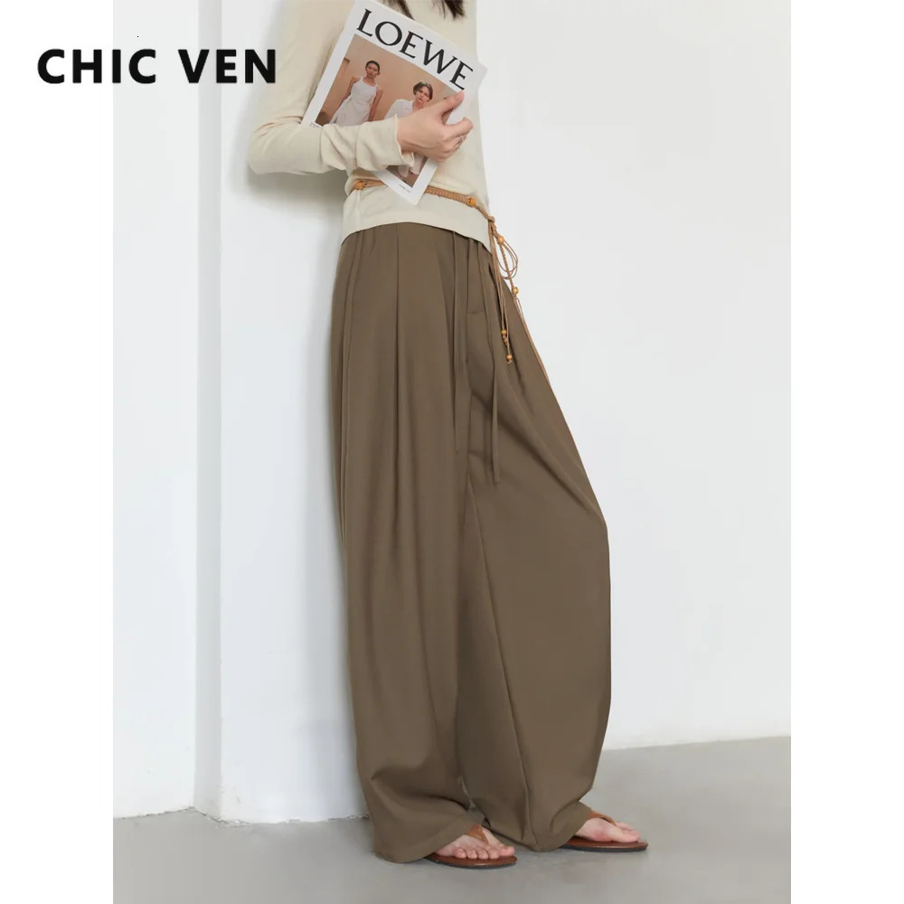 CHIC VEN Women Pants Solid Loose Casual Wide Leg Pant Drawstring Pleated Female Suit Trousers Office Ladies Sping Autumn 260612