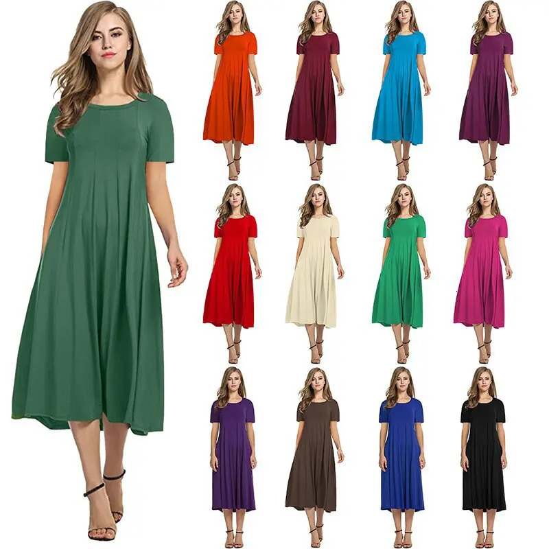2026 European and American Summer Womens Round Neck Short Sleeve Solid Color Flared Dress 260612