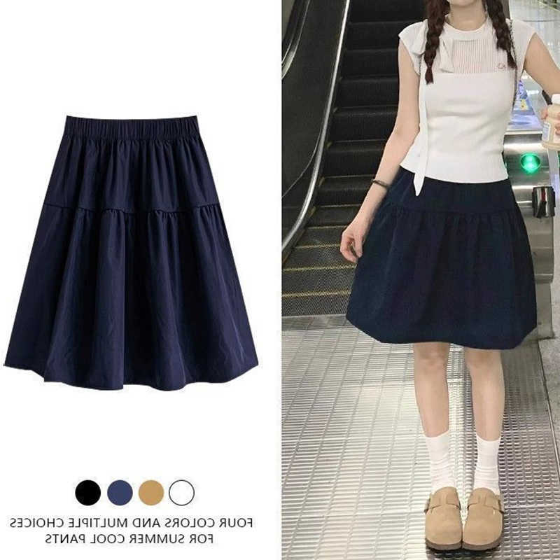 Female New Korean Elegant Summer A-line Skirts Lady Designer High Waist Thin Skirtss Fashion Solid Mid-Long Dress M260612