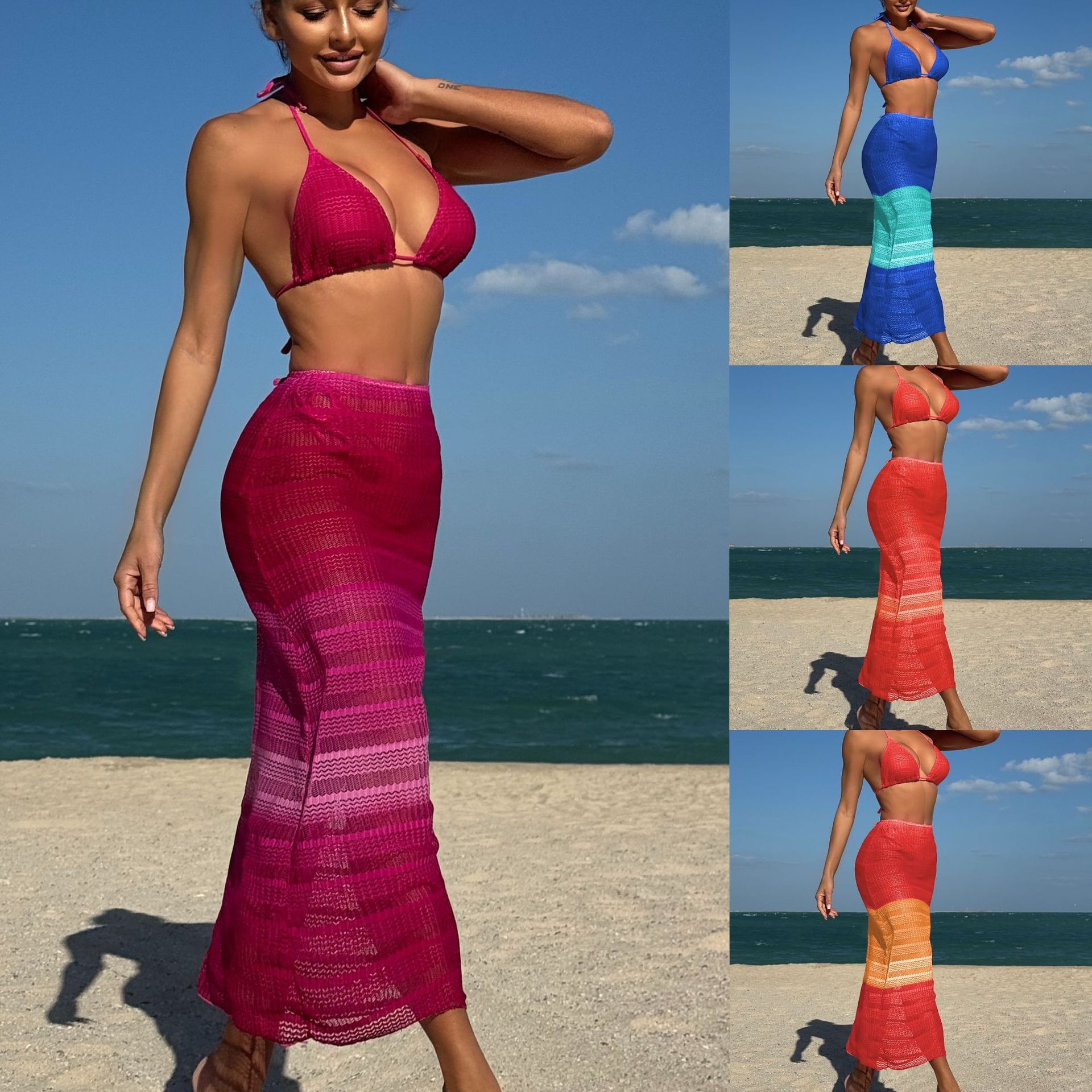 Free shipping 2026 New Gradient Mesh Three-Piece Beach Long Dress Sexy Bikini