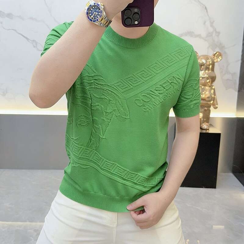 Round-Neck Jacquard Ice Silk European-Style Summer Short-Sleeve T-Shirt For Men, Breathable Knitted Fashion Men's Top, Half-Sleeve