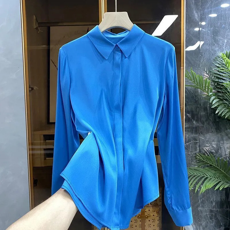 Blue Silk Spring Autumn Women Blouse Single Breasted Long Sleeve Office Lady Shirts French Poloneck Female Tops 260527