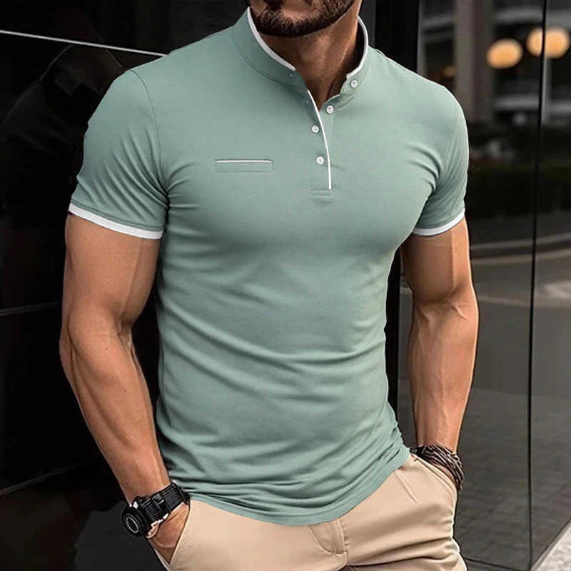 New Mens Casual and 2025 Fashionable Solid Color Short Sleeved Stand Up Collar T-shirt Summer Versatile and Comfortable Top M260612