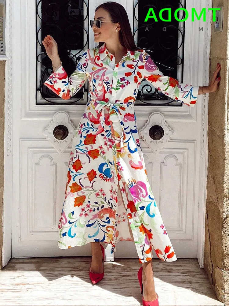 Casual Basic Dresses TMODA Summer Women Floral Print Dress Bow Sashes Midi Shirt Chic Vestidos Mujer S260612