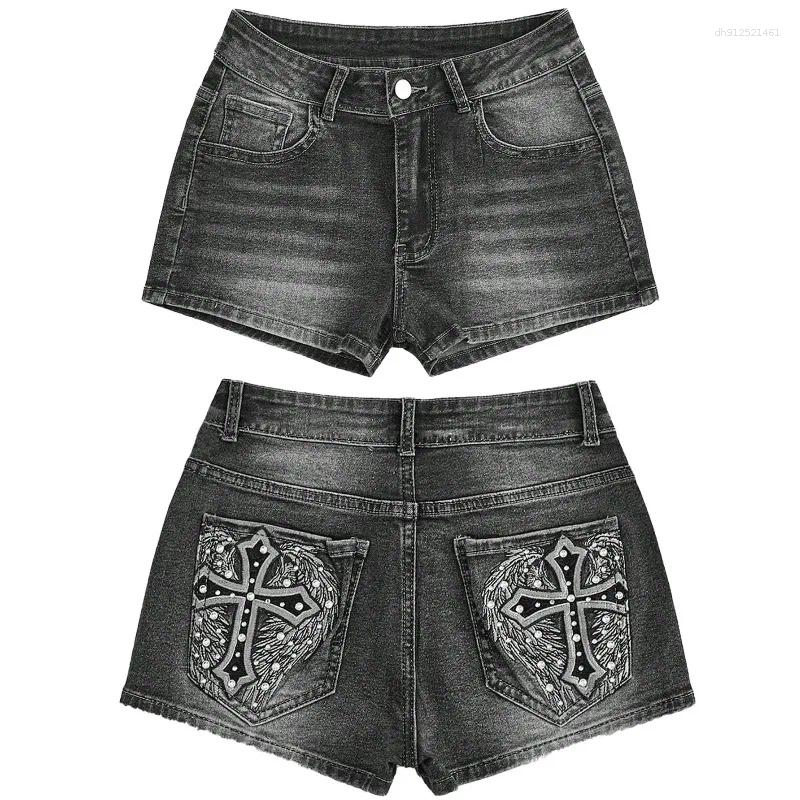 Women's Shorts Black Gothic Denim Jeans Vintage Aesthetic Korean High Waist Jean Harajuku Cowboy Short Jorts Clothes Summer