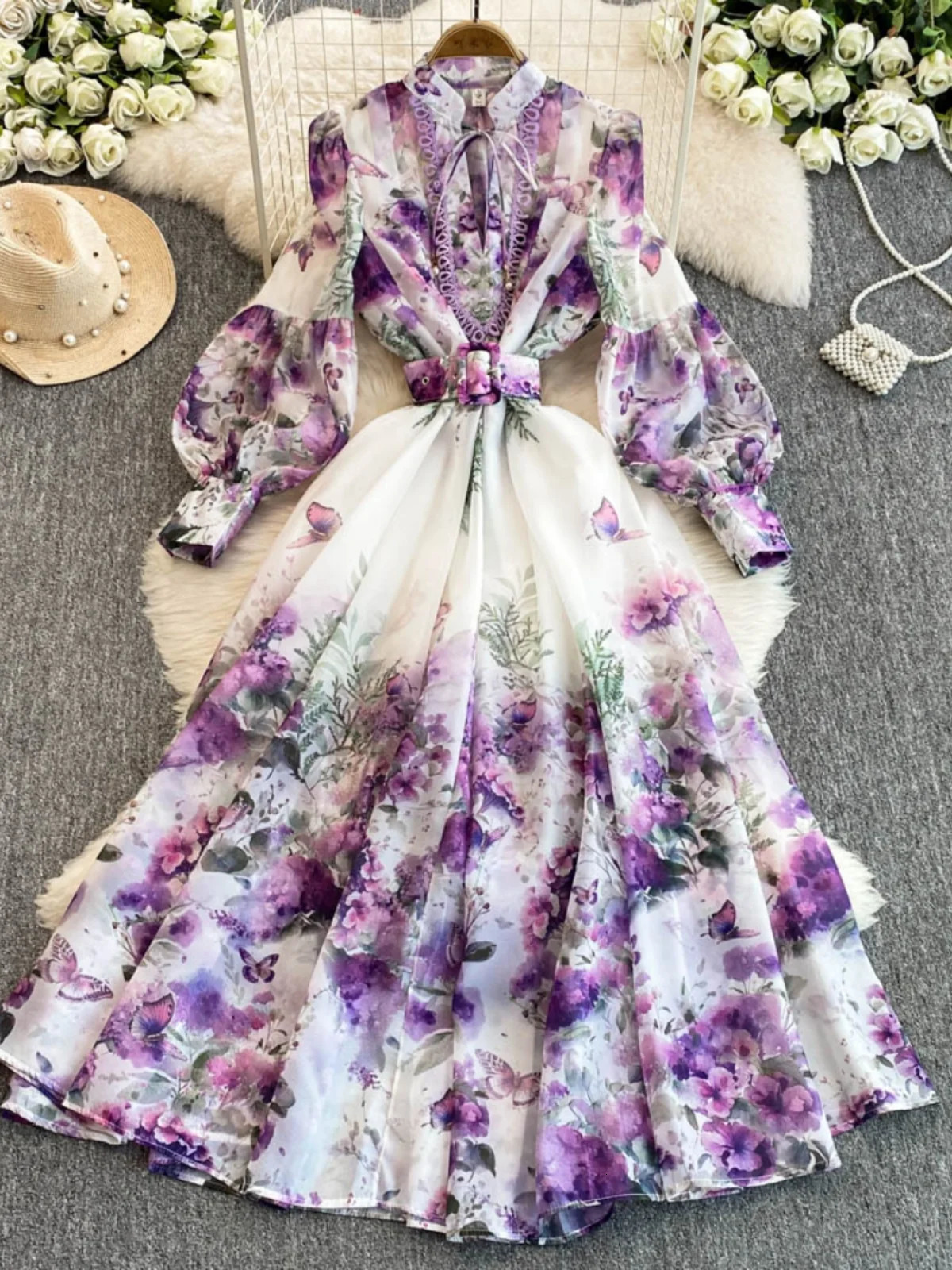 Floral Print Long Lantern Sve Womens Dr High Waist A-Line Silhouette Commute Sle Spring Arrival 260611