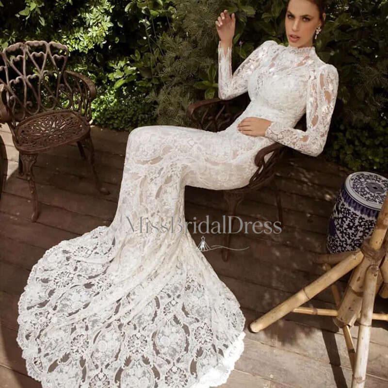 Bling Wedding Dresses For Girls Long Sleeves Mermaid Bride Bridal Gowns Lace Appliques Beach Sheath Column Custom Made Mb612