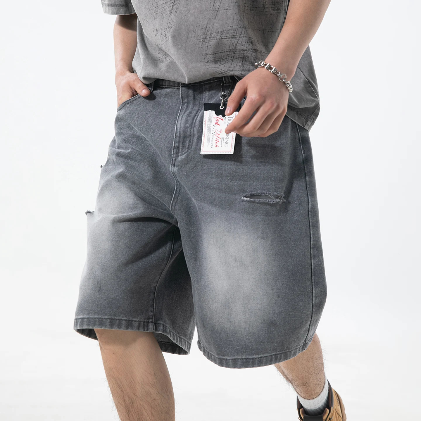 Knife cut hole denim shorts mens summer retro classic straight loose gray Korean version of trendy y2k high street 260609
