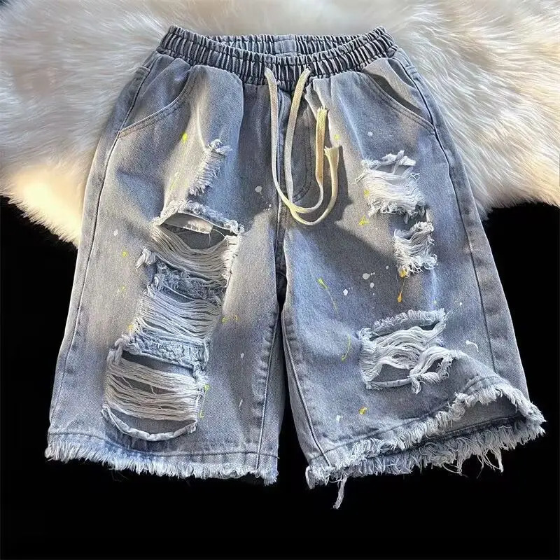 Hip Hop Ripped Denim Shorts Y2K Streetwear 2026 Men Vintage Destroyed Hole Baggy Jeans Pants Fashion Summer Loose Black 260609