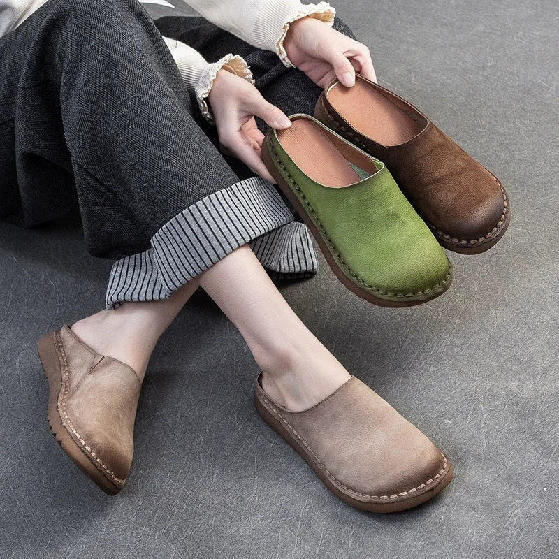 GKTINOO 2026 Summer Genuine Leather Soft Sole Flat Slippers Handmade Retro Womens Shoes Outside Slides 260611BJ