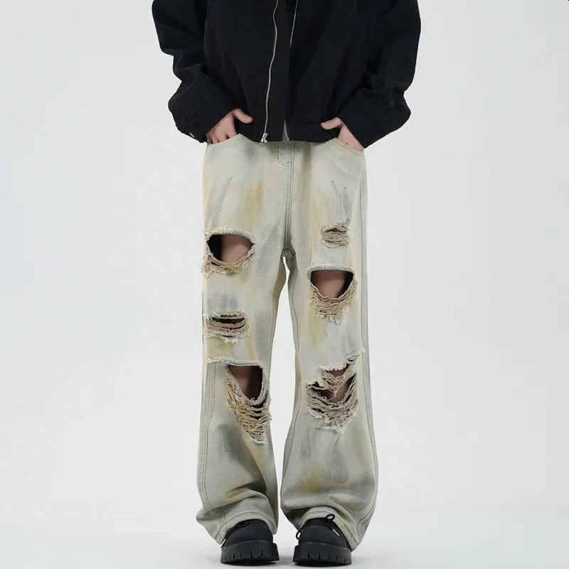 Denim Vintage Trousers Korean Distressed Pants Japanese Baggy Jeans for Mens Clothing Hip Hop 250821 S260612