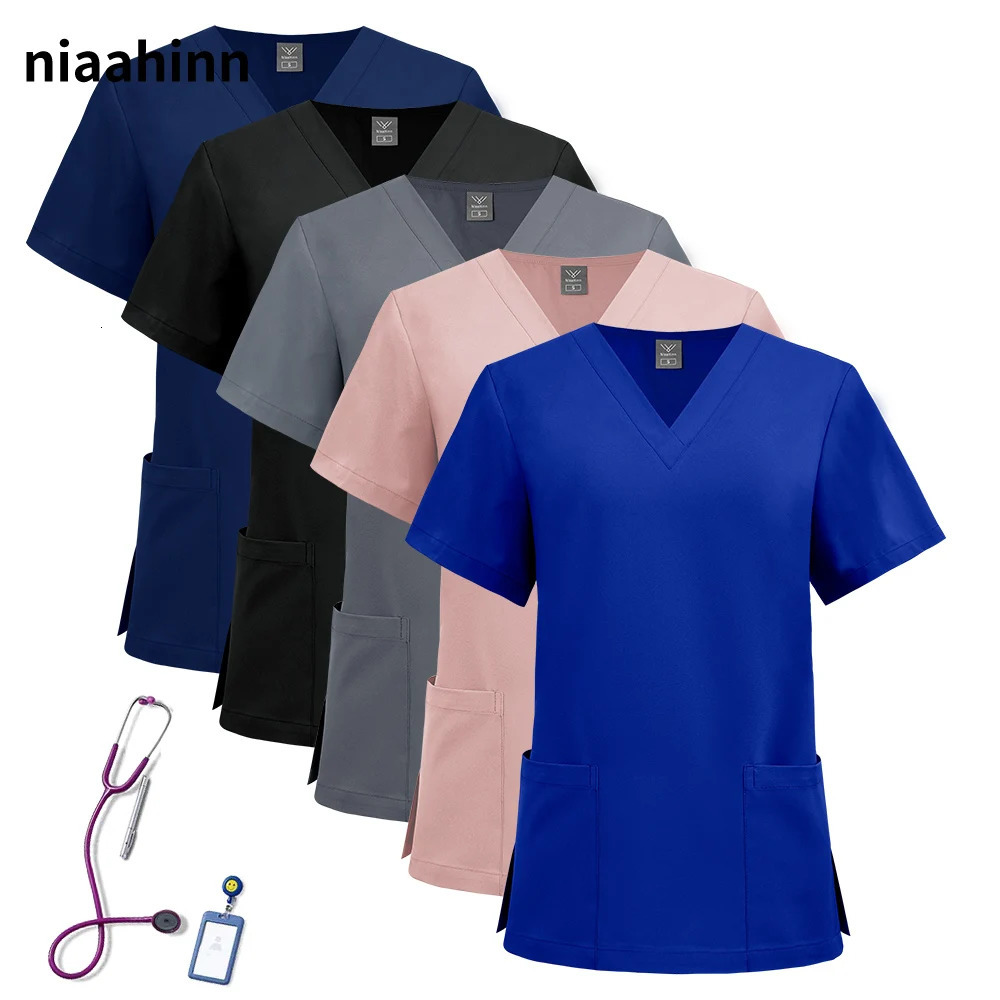 Elasticity Casual Nurse Blouse Solid Color Scrubs Tops Women Pet Clinic Vneck Workwear Pocket Protection Doctor Working Clothes 260612