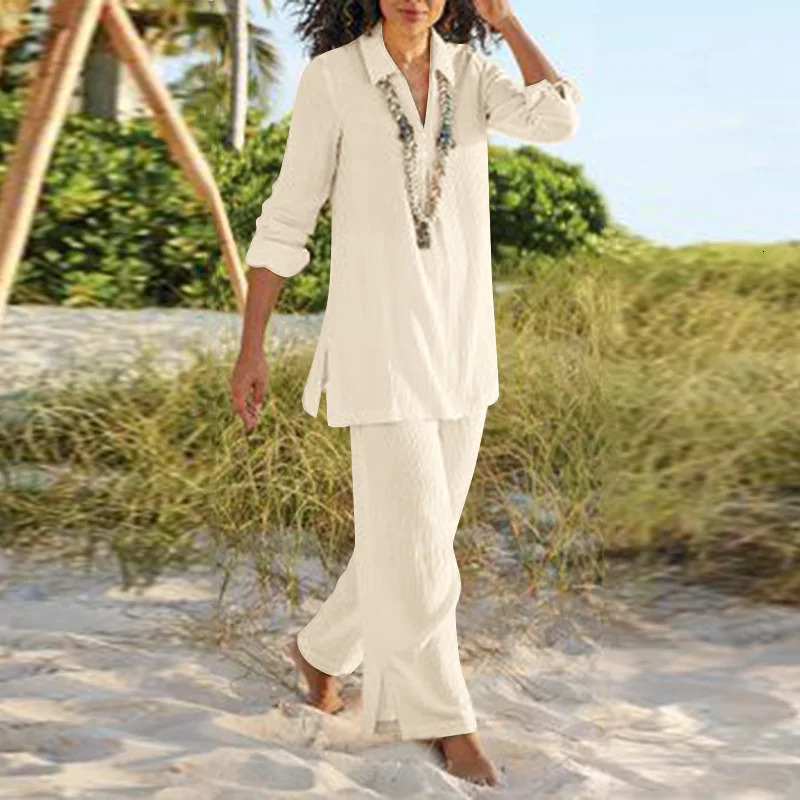 Casual Loose Cotton Linen Pant Sets For Women Fashion Solid Shirt And Pant 2 Piece Sets Women Outfit Summer Straight Pants 260610