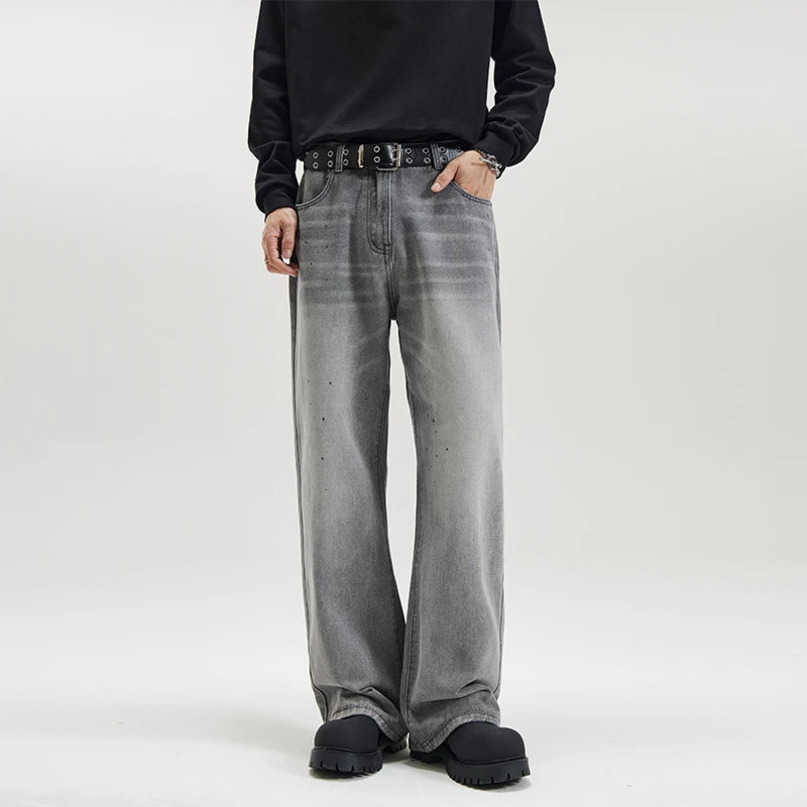 Gradient Gray Washed Sashes Flare Jeans Mens Baggy Y2K Bellbottoms Harajuku Loose Casual Denim Trousers S260612