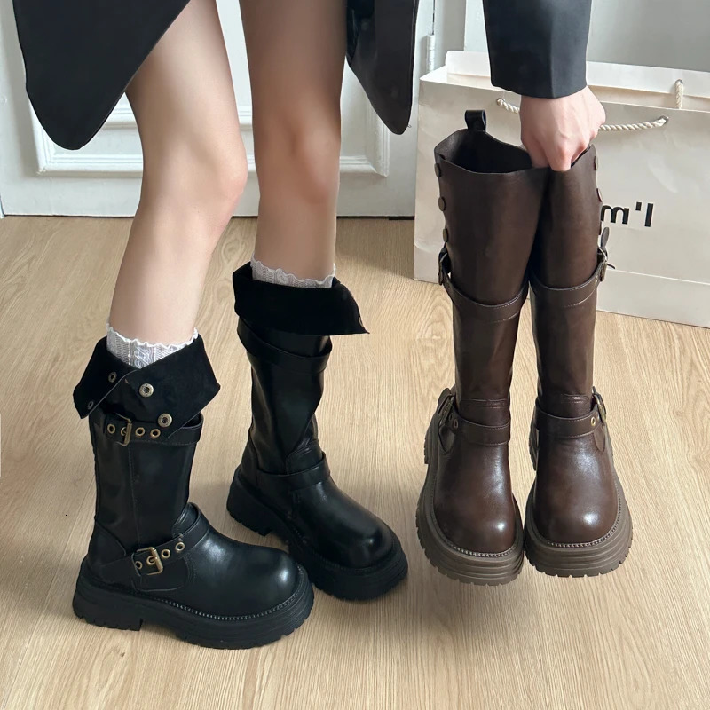 Autumn Winter Platform Thick Bottom Woman Knee High Boots Shoes Ladies Elegant Belt Buckle Western Cowboy Botas 260612