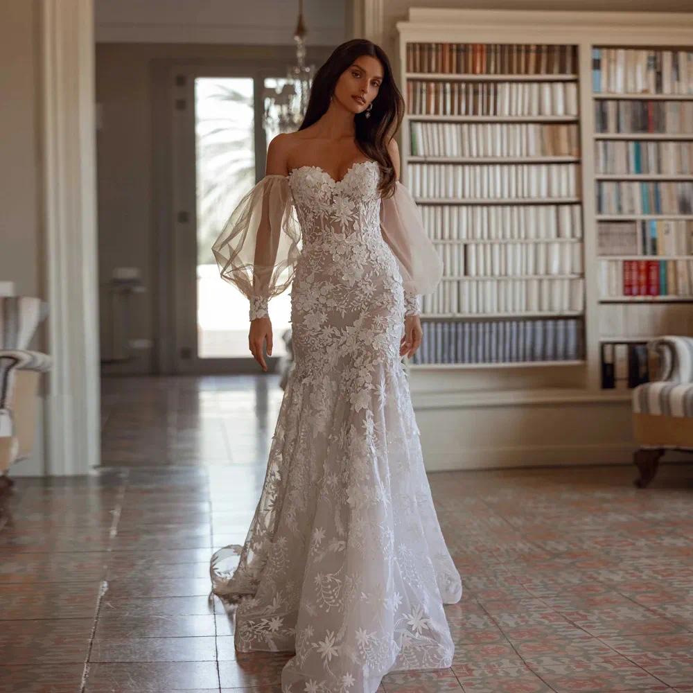 Mermaid Sheath Wedding Dresses Backless Sweetheart Long Sleeve Lace Puff Sleeves Romantic Bridal Gown Custom Made Color