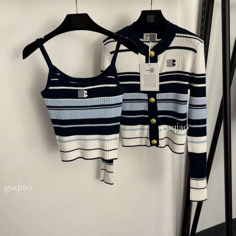 Designer Tank Top Striped Knit 2 Piece Set Cami Top + Cardigan High Quality Summer Clothes Women Designer