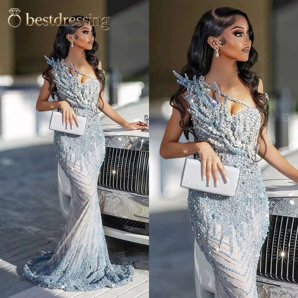 Blue Mermaid Prom One Shoulder Tulle Lace Design Appliques Sequins Beading Celebrity Evening Dresses Plus Size Custom Made Special Occasion Gown Bd6