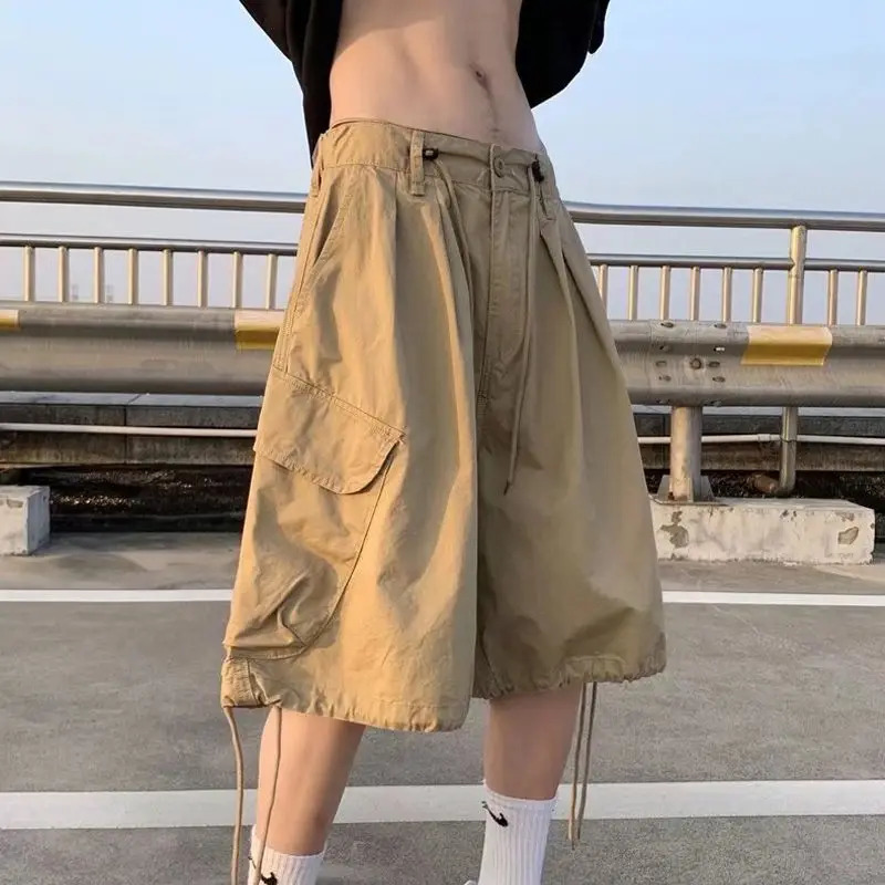 Khaki 7point Men Summer Thin Japanese Workwear Wideleg Loose Overknee Shorts 260612