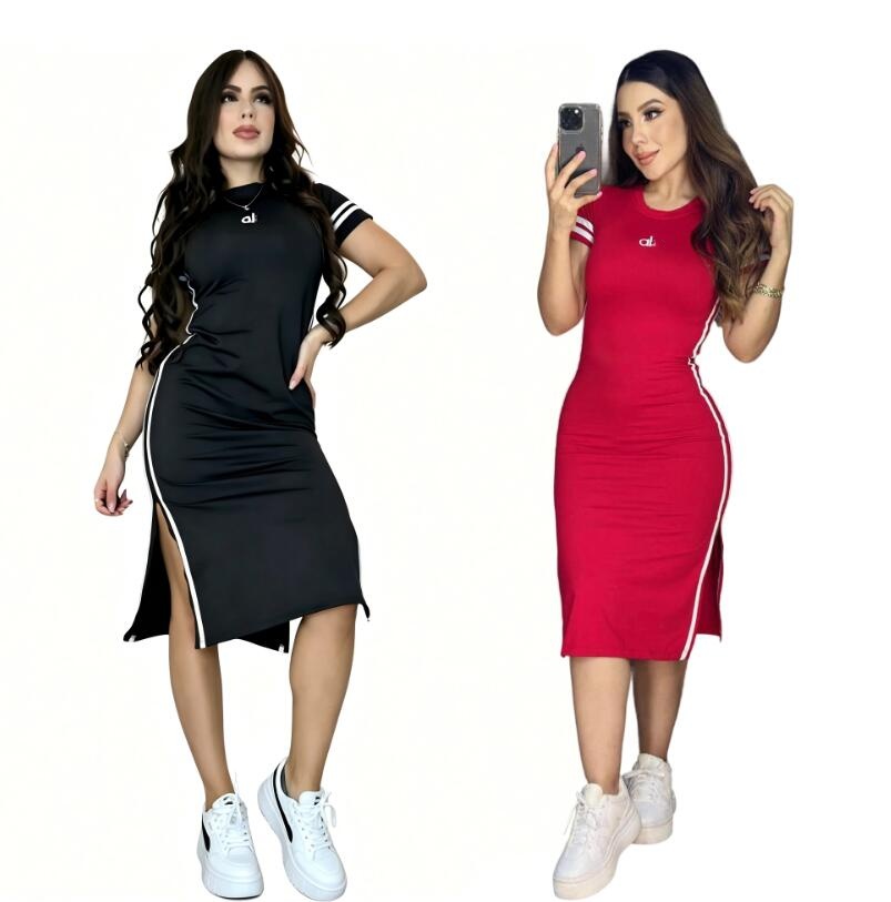 New trend slit short sleeved long skirt embroidered round neck slim fit dress Women's Striped Side Split Thigh Bodycon Dress Casual Basic Short