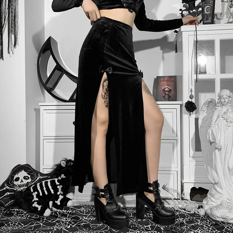 Punk Style Skirt Womens Chic Halloween Festival Long Party High Waist Slim Bow Sexy Side Split KneeLength Skirts 260610