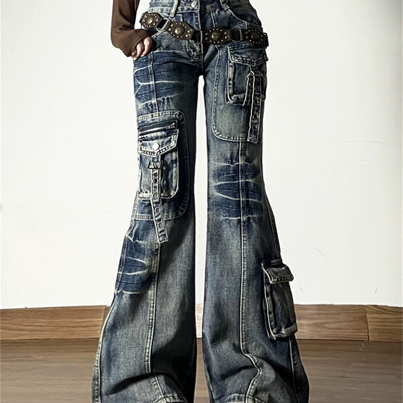 American Vintage Street Style Y2K Jeans Womens Highstreet Multipocket Cargo Flared Floorgrazing Casual Punk Long Pants 260611