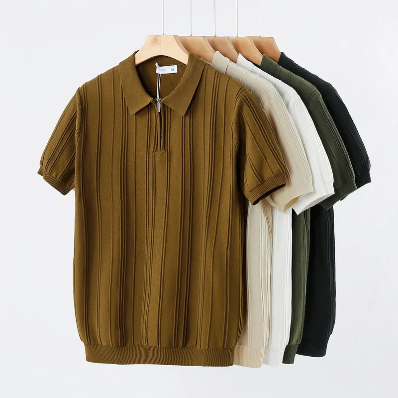 Summer Knitted Polo Shirts Men Vintage Fashion Loose Business Casual Short Sleeve T-shirt Cool Breathable Sweater T Shirt Tops 260612