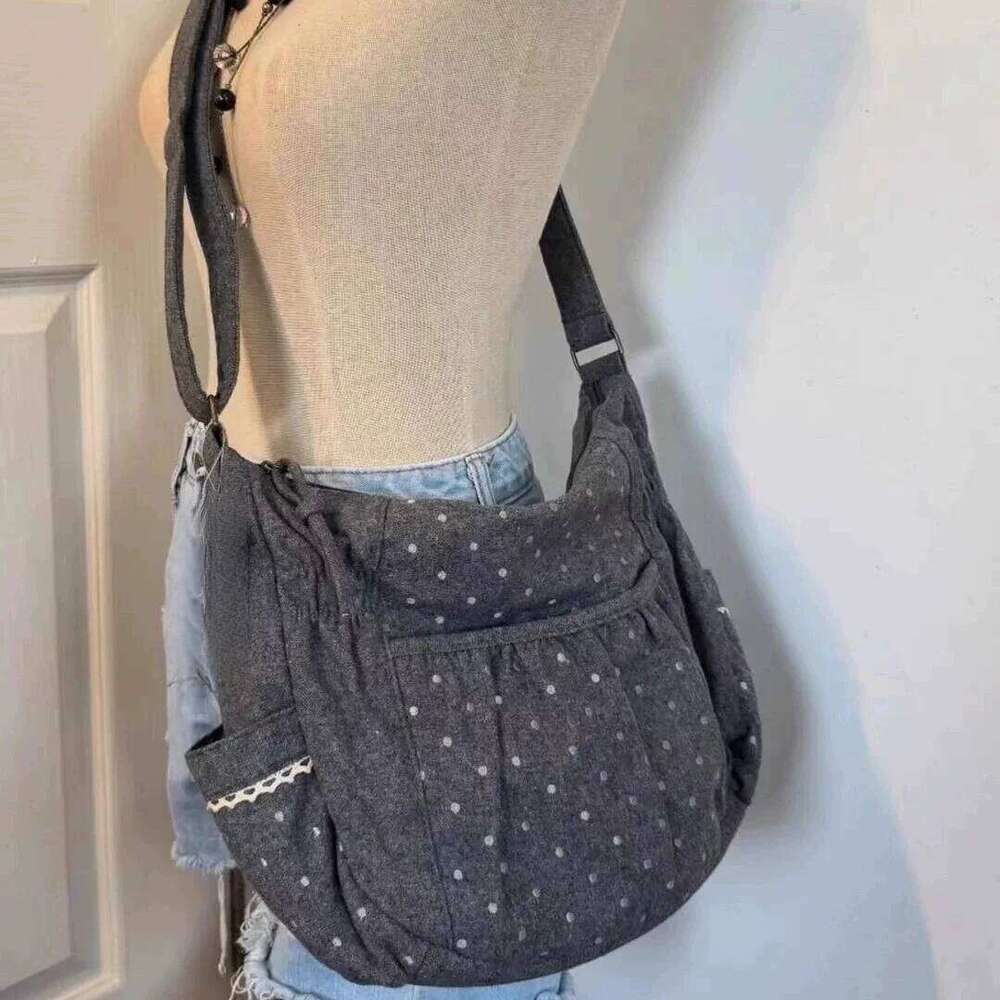 Korean Polka Dot Women's Shoulder Trendy Ballet Style Denim Canvas Large Capacity Student Commuting/class Crossbody Bag