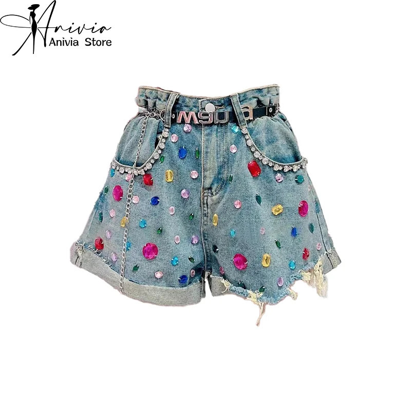Womens Streetwear Color Diamond Denim Shorts n American Hole Sequin Fashion Y2K Jeans Summer Casual Loose 260612