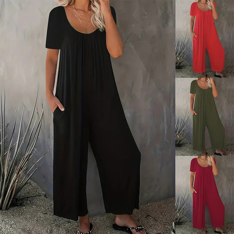 Plus Size 0XL5XL Summer Rompers Overalls Womens Solid Color Jumpsuit with Pockets Casual Fashion Short Sleeve Jumpsuits 260611
