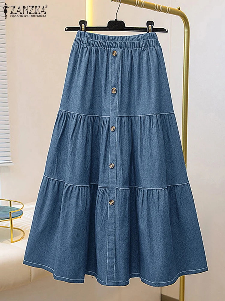 Autumn Elastic Waist Solid Skirts ZANZEA Fashion Women Denim Blue Skirt Elegant A-line Work Overskirts Casual Loose Holiday Jupe 260609