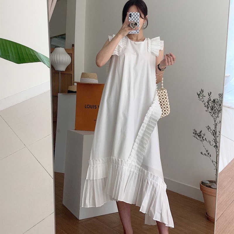 Dresses Casual Temperament White Ruffled O Neck Flying Dress Women Patchwork Loose Solid Casual Vestido De Mujer Pleated S260612