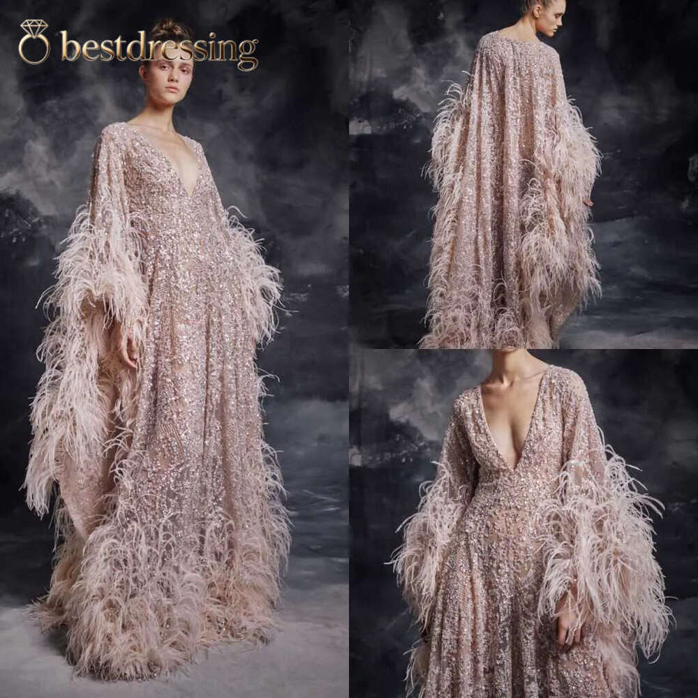 Modest Krikor Jabotian Elegant V Neck Long Sleeve A Line Evening Sequins Lace Feather Formal Dresses Sweep Train Party Gown Bd612