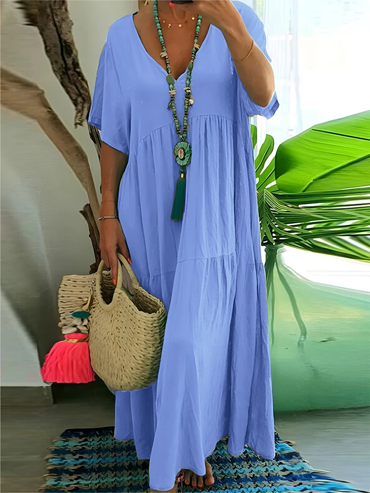 plus Size Womens Casual Loose VNeck Solid Long Dress Spring Summer Pleated Big 260611