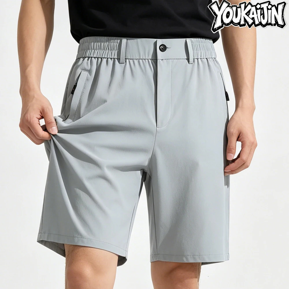 Korea 8XL 7XL Mens Shorts Ice Silk Casual Short Trousers Elastic Waist Zipper Side Pockets Stretch Half Pants Golf Bermuda Male 260612