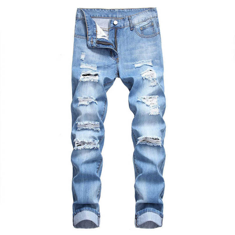 retro Mens jeans mens casual straight leg denim pants light blue slim fit hole selling S260612