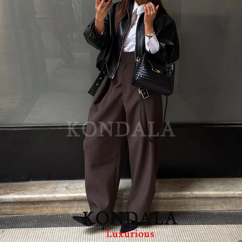 KONDALA Casual Loose Pleated Long Pants Women Wide Leg Pockets High Waist Straight Fashion 2026 Spring Summer 260611